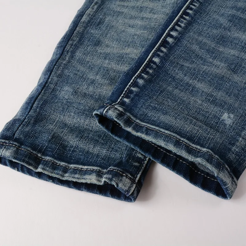 High Street Fashion Men Jeans Retro Blue Elastic Slim Hole Ripped Jeans Men Leather Patched Designer Brand Hip Hop Pants Hombre