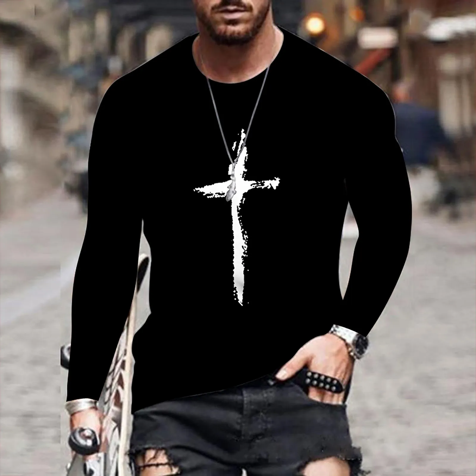 

Men's Cotton Casual 3D Printing T-shirt Cross Print Round Neck Long-sleeved Shirt Autumn and Winter Fashion 2022