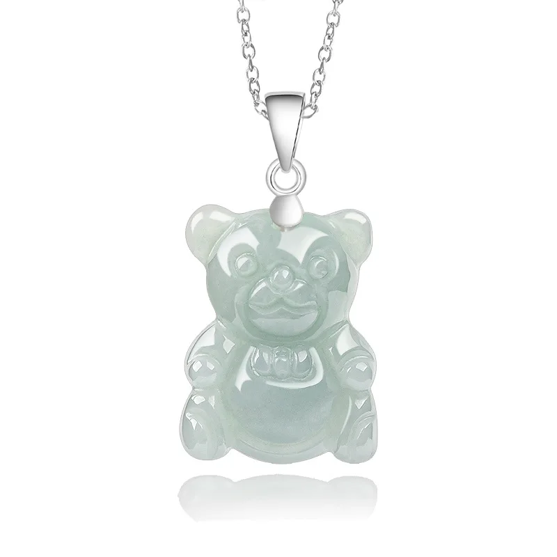 

Burmese Jade Bear Pendant White Necklace Emerald Gemstone Men Gift Carved Natural Fashion Jewelry Pendants 925 Silver Jadeite