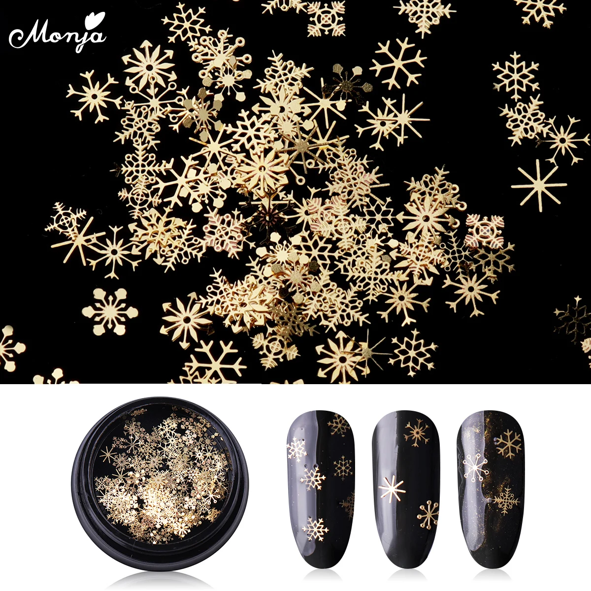 

Monja 4mm Nail Art Metal Christmas Gold Glitter Flakes Mixed Snowflake DIY 3D Sparkles Sequins Decals Manicure Decorations