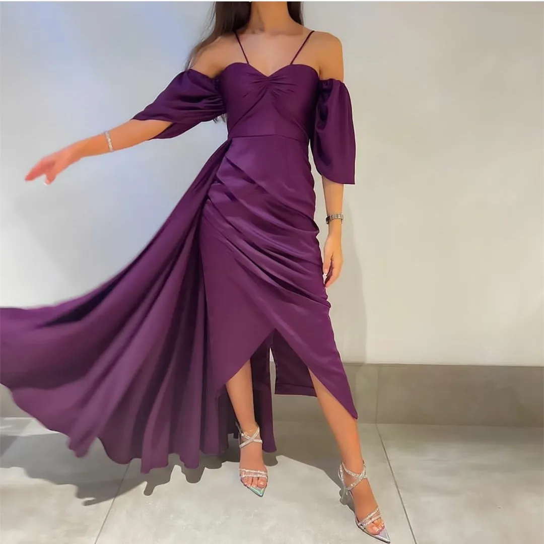 

Короткие фиолетовые атласные вечерние платья Среднего Востока милое платье-Русалка длиной ниже колена Плиссированное женское платье