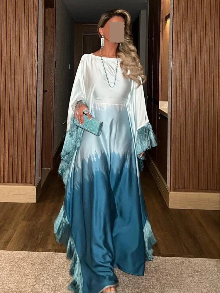 Абая платье-бабочка с кисточками внутри пояса градиентным принтом длинные