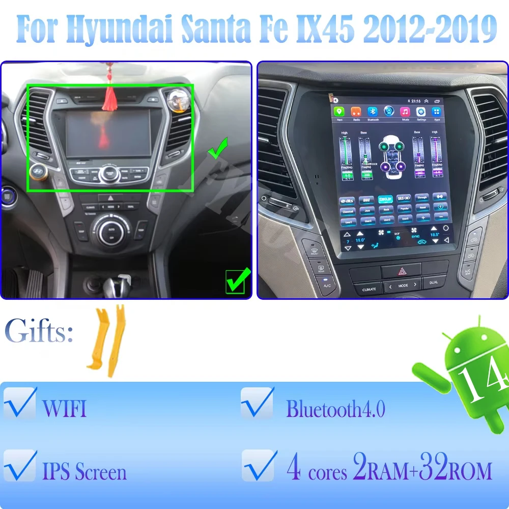 

Автомобильное радио Android 15, для Hyundai Santa Fe IX45 2012-2019, автомобильное мультимедиа в стиле Tesla Carplay, авто Bluetooth 4G, WIFI, GPS