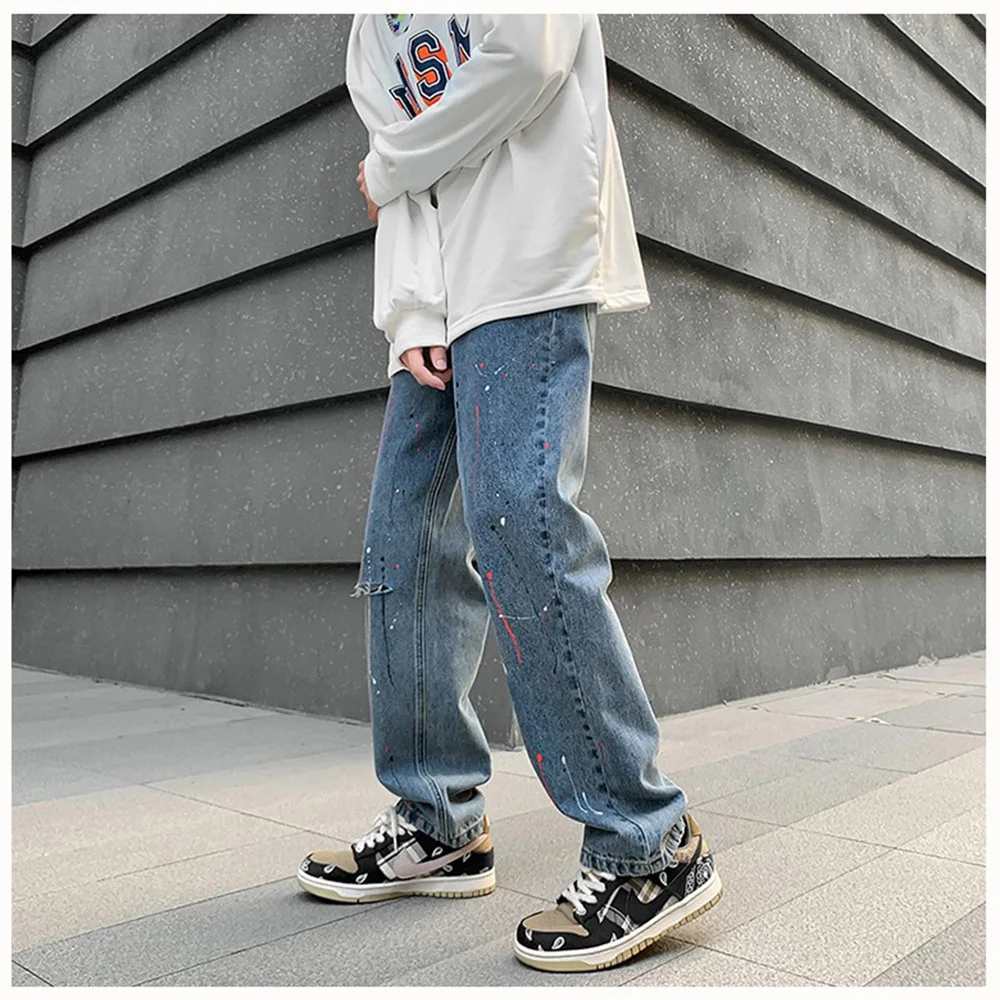 Ripped Jeans Hole Fashion Japanese Style Hip Hop High Street Straight Pants Casual Loose Long Trouser Men Chic Clothing