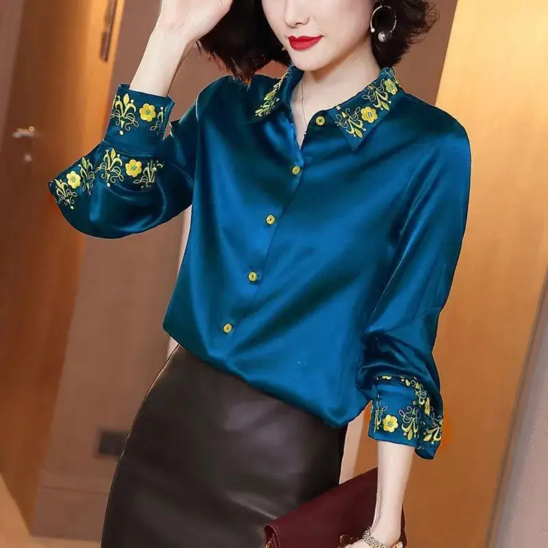 

Female blouse embroidered shirt women's long sleeves 2022 spring and autumn new retro turn down collar blouse female clothing