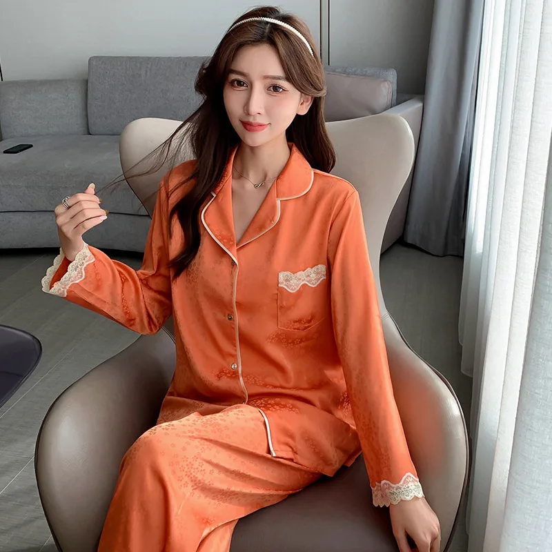 

Женский Атласный пижамный комплект, комплект из двух предметов для весны и осени, брюки с длинным рукавом, Тонкая шелковая Домашняя одежда, ...