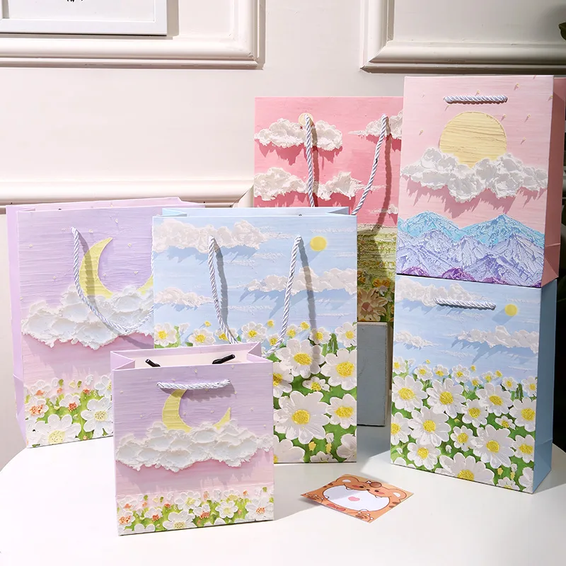 

5Pcs Wedding Paper Bags 3D Oil Painting Gift Handheld Kraft Paper Bag Holiday Birthday Valentine's Day Gift Bag