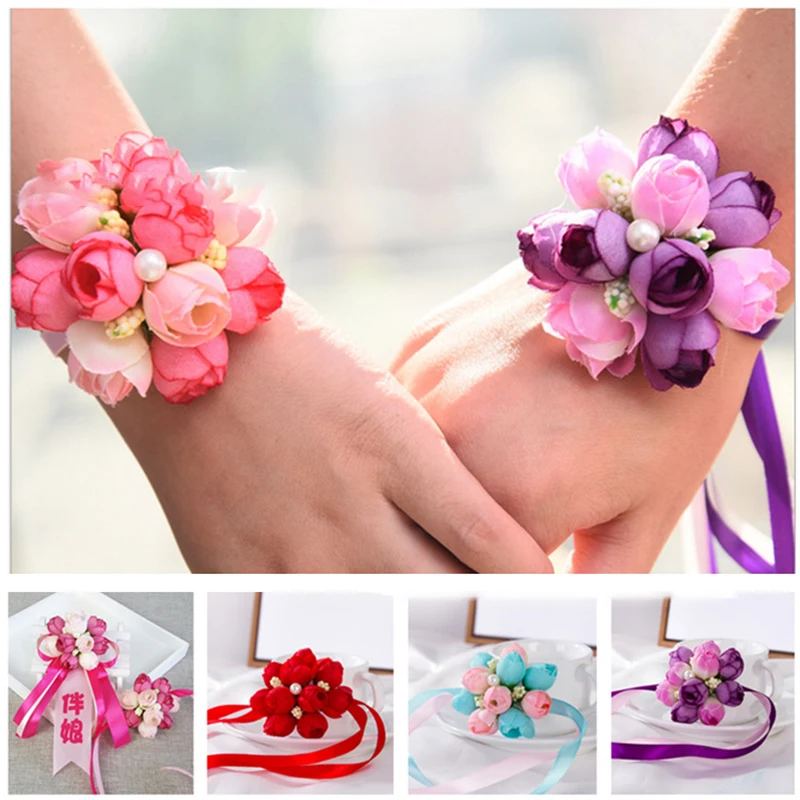 

Wedding Bracelet for Bridesmaid Silk Flower Wrist Corsage Bracelet Wedding Groom Boutonniere Pins Man Marriage Bridal Accessory