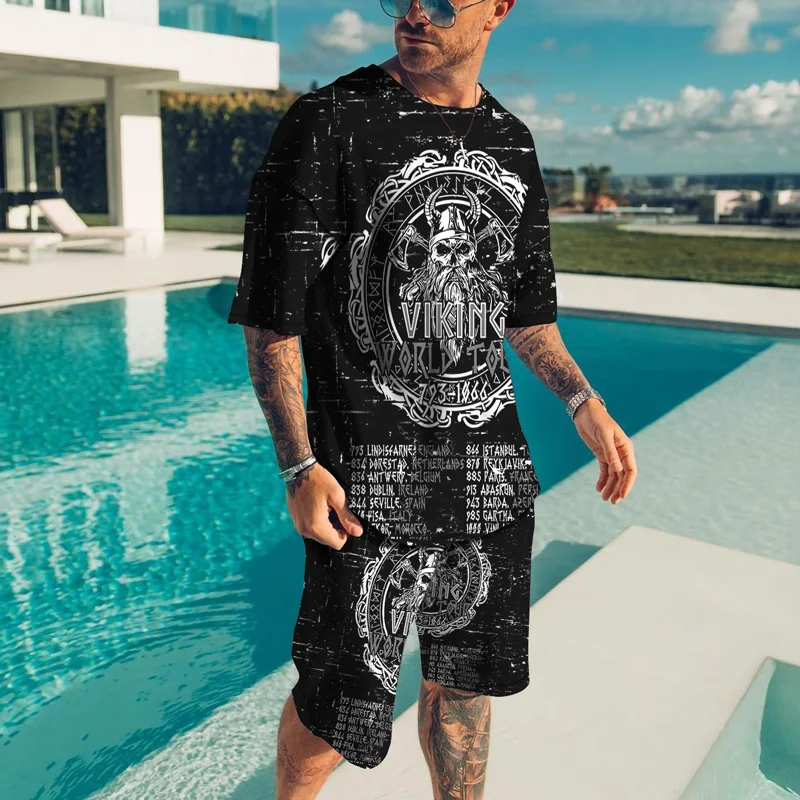 2023 Summer New Men's Fashion Casual Sports Short Sleeve Shorts Two Piece 3D Digital Printing Skull Head Street Retro Clothing