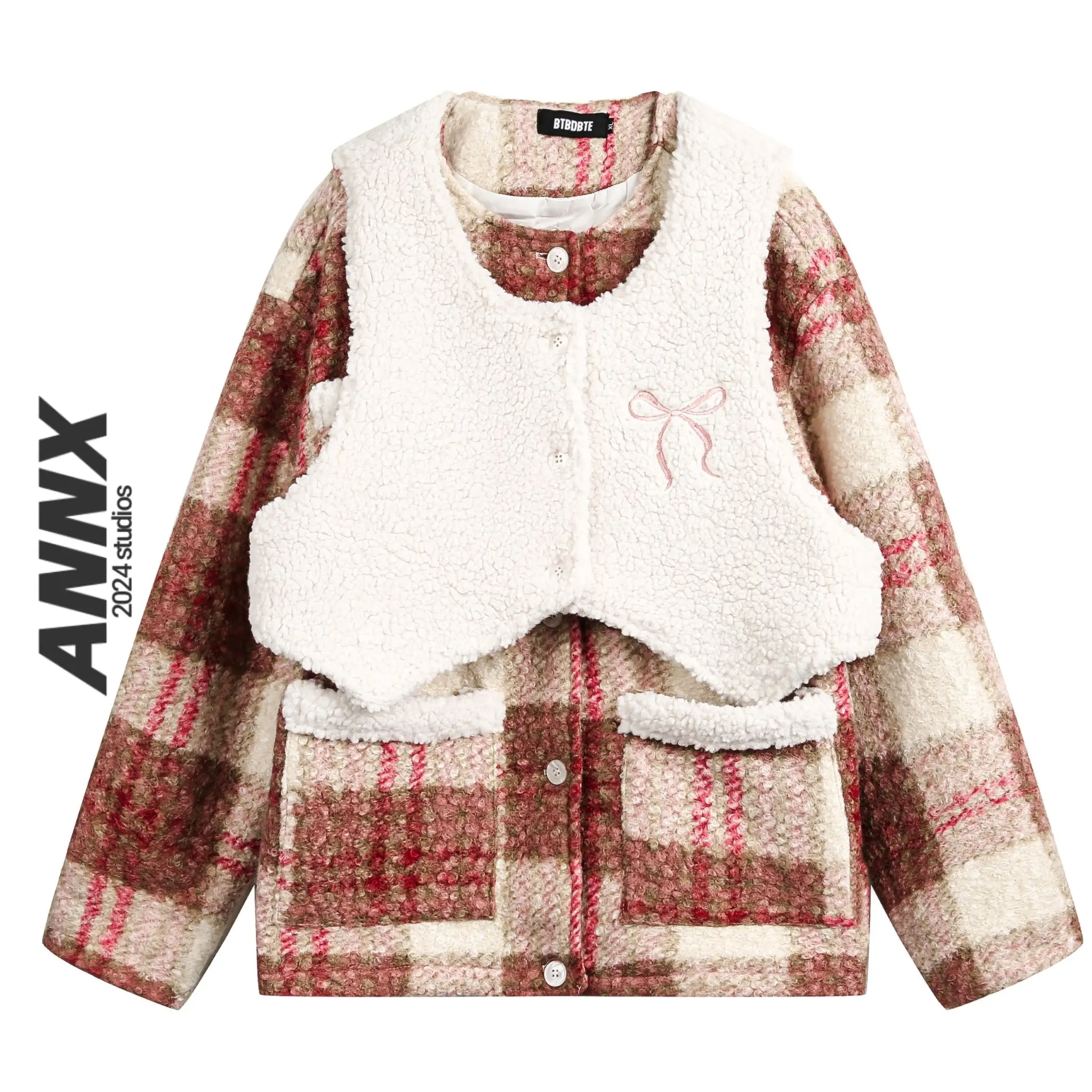 Annx2024 Жилет из овечьей шерсти с бантом и вышивкой клетчатая шерстяная куртка