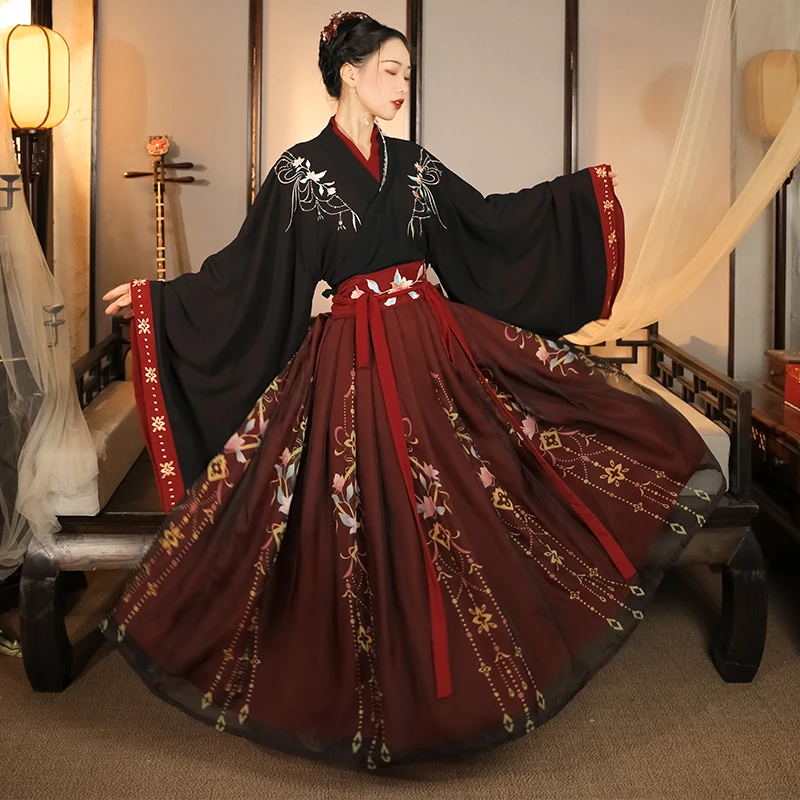 Chinês tradicional hanfu preto vermelho traje mulher vestido antigo oriental vestido de princesa elegância tang dynasty dance wear