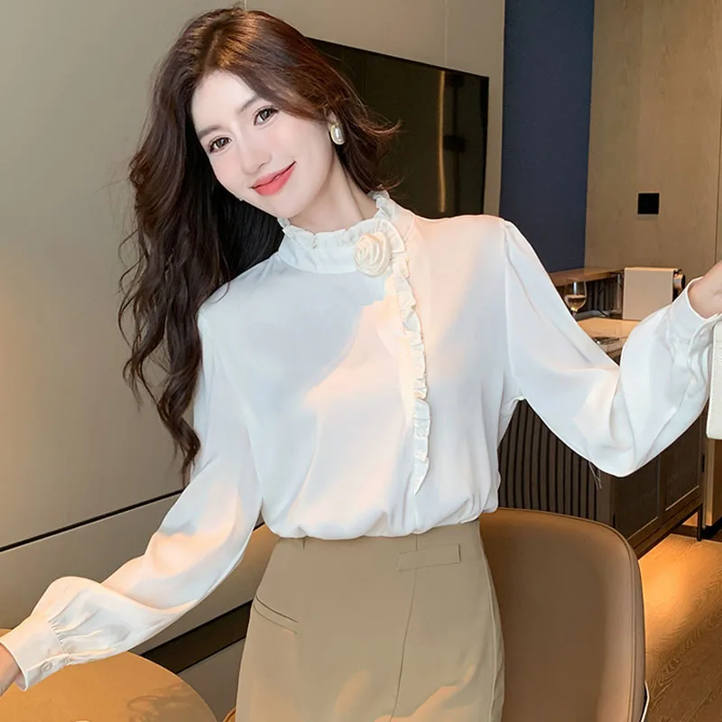 Женская шифоновая блузка с длинным рукавом оборками