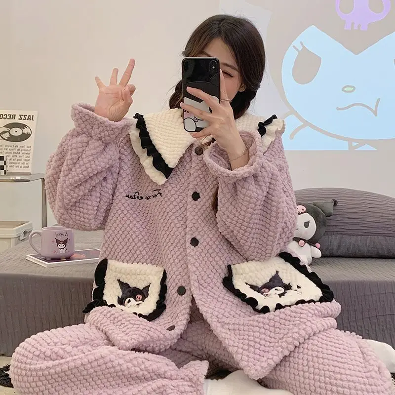 

Kawaii Sanrio пижамы Kuromi Cinnamoroll милые аниме плюшевые пижамы зимние мультфильмы Свободные повседневные студенческие аксессуары подарок для девочек