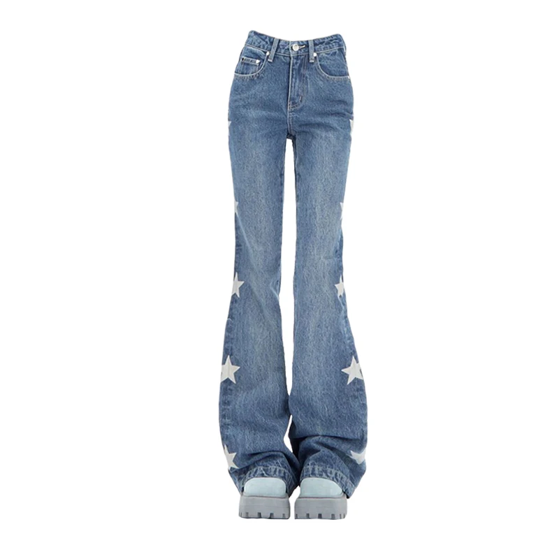 

Design Y2k Retro Street Print Alphabet Star Flared Jeans Dragging ground Wash Pocket Slim Jeans For Women