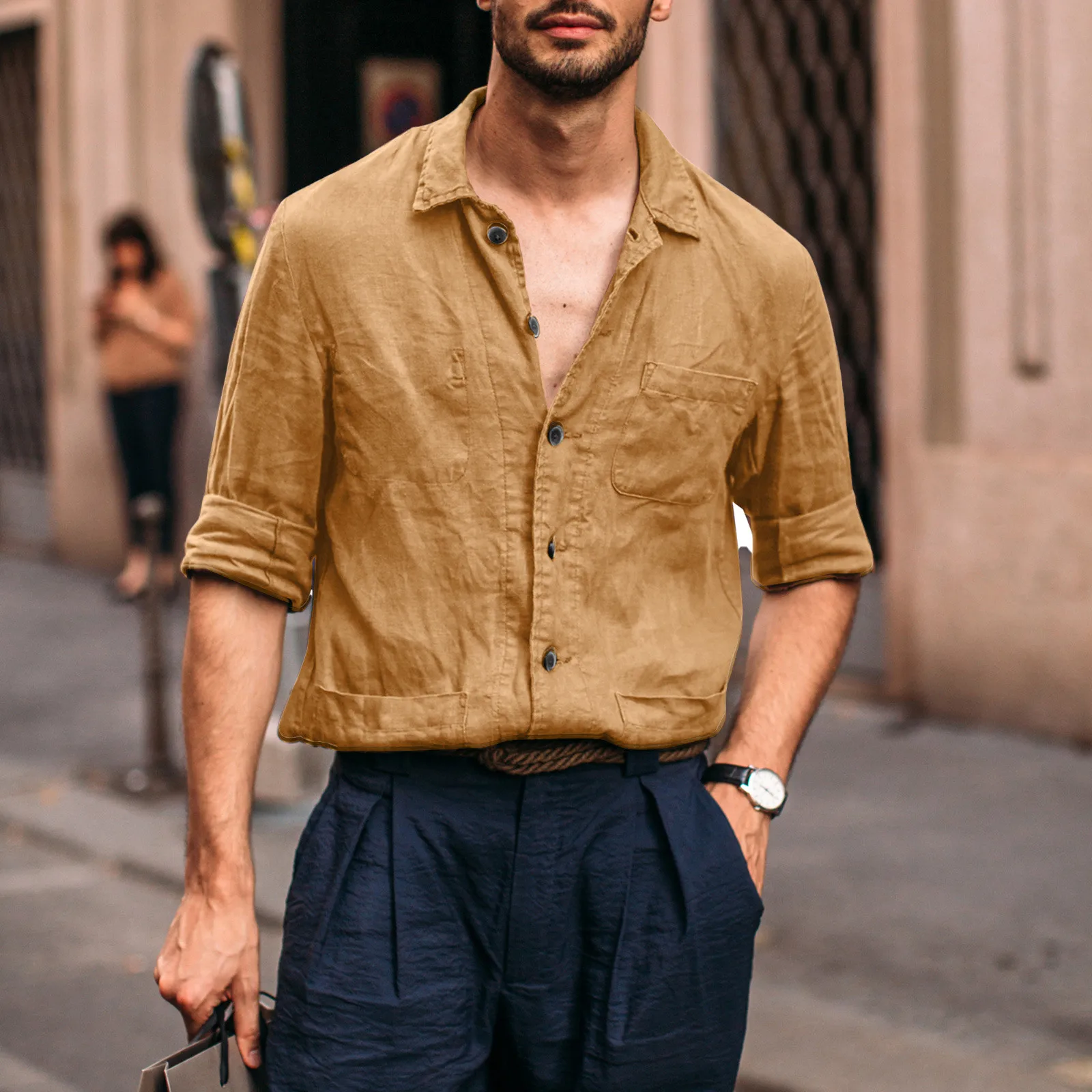 

Spring Summer Men Casual Shirts Vintage Clothes Cotton Linen Solid Color Long Sleeve Shirts Loose Stand Collar Shirts Free Ship