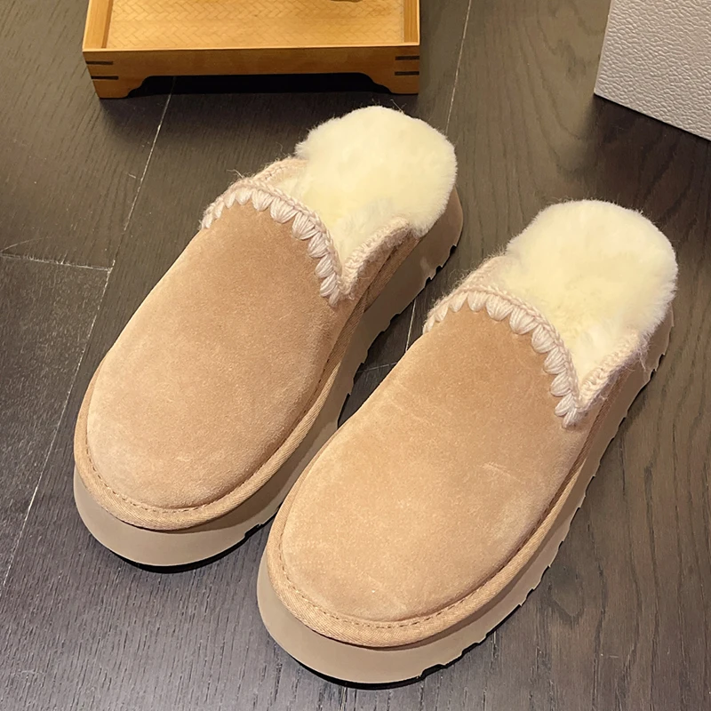 

Fur Platform Flats Home Cotton Slippers Women Warm Mules Shoes New 2024 Winter Trend Casual Shoes Slingback Flip Flops Botas