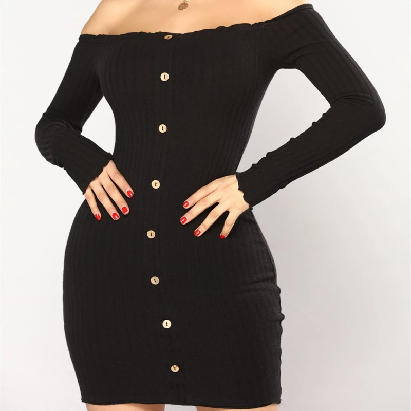 Женское однотонное облегающее платье с открытыми плечами и длинным рукавом