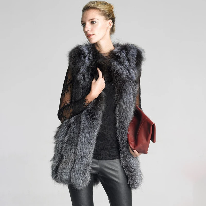Women Natural Silver Real Fur Vest Fluffy Fox Fur Slim Coats Lady 75CM Genuine Leather Fur Gielts Jacket With Invisible Pockets