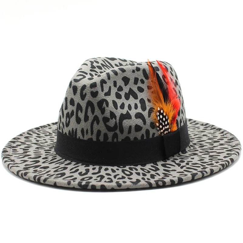 

Winter Fedoras Hat For Women Leopard Pattern Panama Jazz Caps Men's Feather Luxury Vintage Casual Wedding Decorate Wide Brim Hat