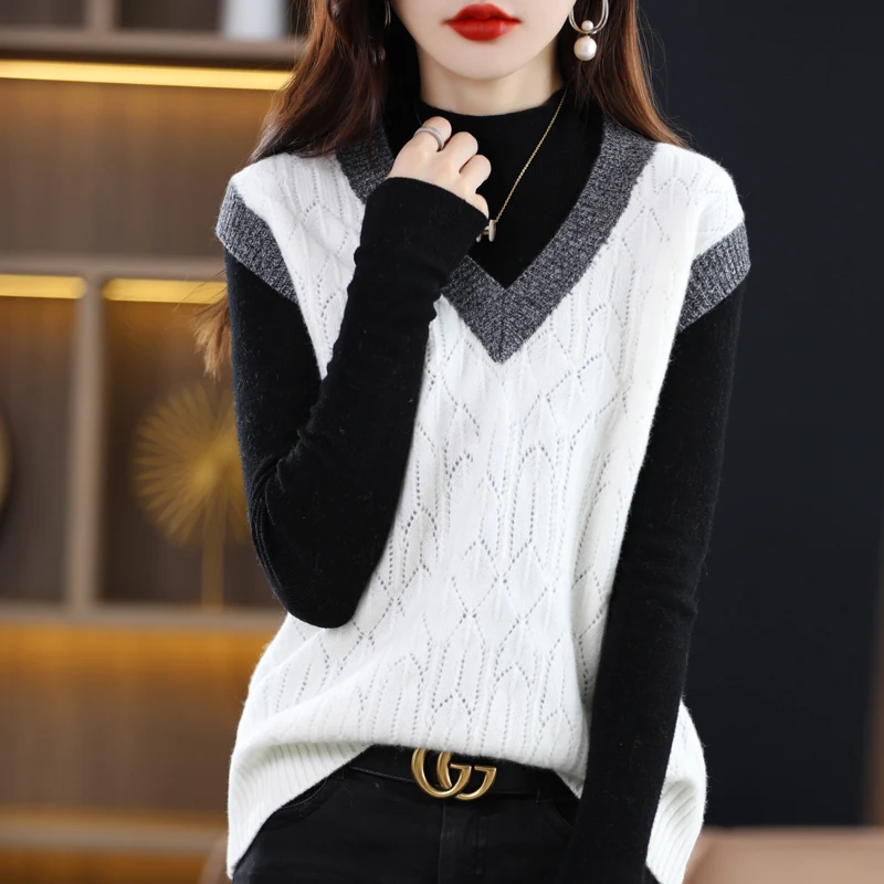 

V-neck hollow knitted sleeveless sweater loose all-match women's cashmere vest 2022 new coat short 100% wool vest pullover