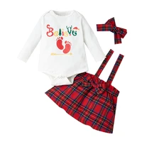 newborn baby girls 3 piece sets long sleeve romper infant girl red plaid suspender dress headdress christmas clothes