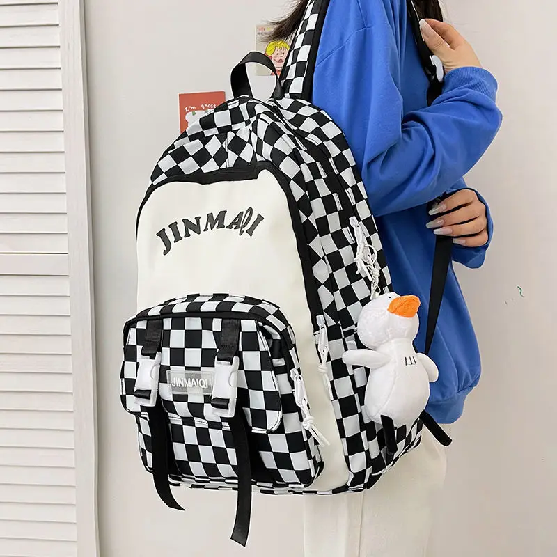Школьный рюкзак для девочек-подростков, модная большая школьная сумка в клетку, Женская нейлоновая черная школьная сумка, Студенческая шко...