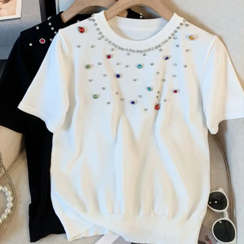 Женская одежда шикарные цветные футболки со стразами круглым вырезом и коротким