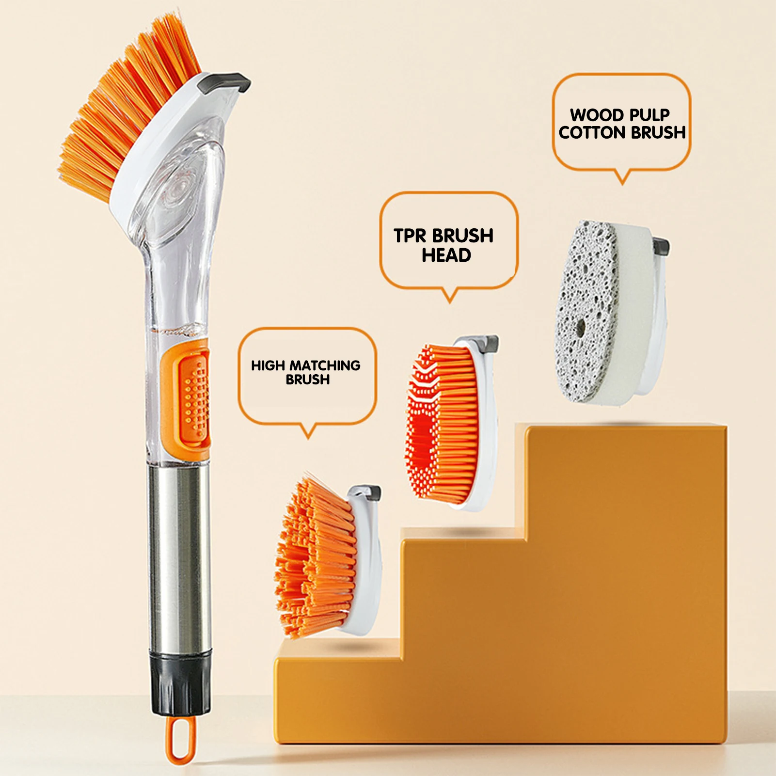 

Щетка кухонная с дозатором жидкости, длинная ручка, 3 насадки, многофункциональный инструмент для мытья посуды