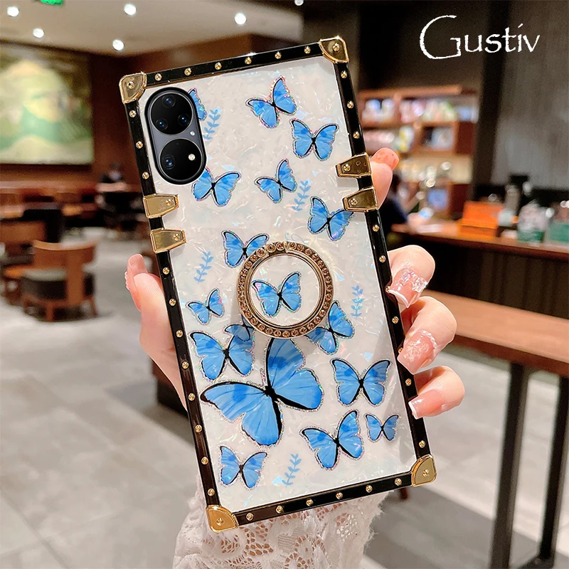 

Phone Case for Huawei P50 Pro P40 P30 Lite P20 Shockproof Soft TPU Back Cover for Mate 20 RS 30 40 PRO Butterfly With Ring