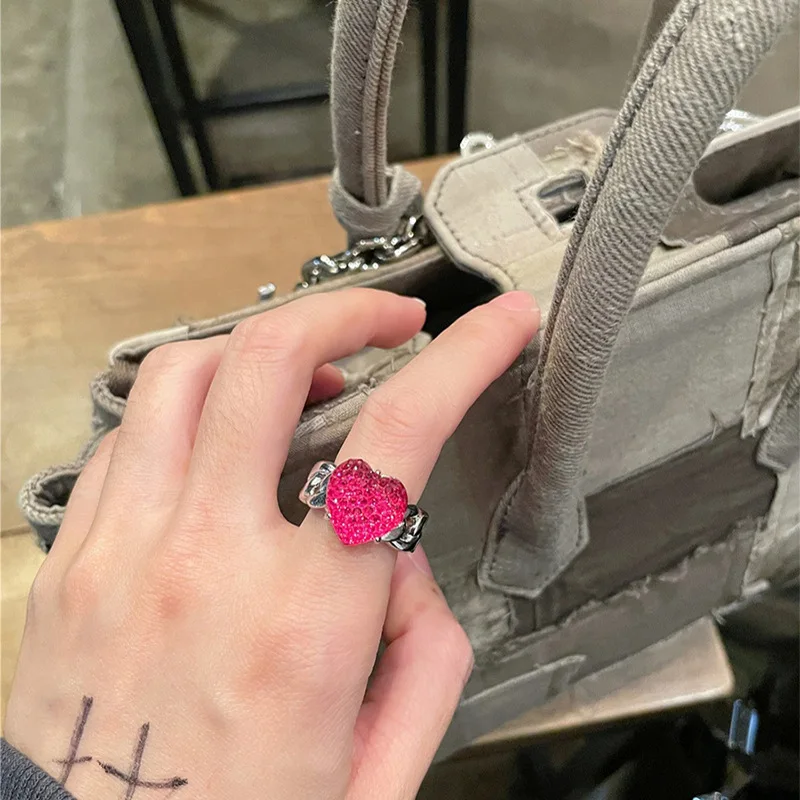 

Fashion Rose Red Heart Shaped Open Adjustable Rings for Women Metal Chain Finger Decorative Jewelry Girl Friend Gifts