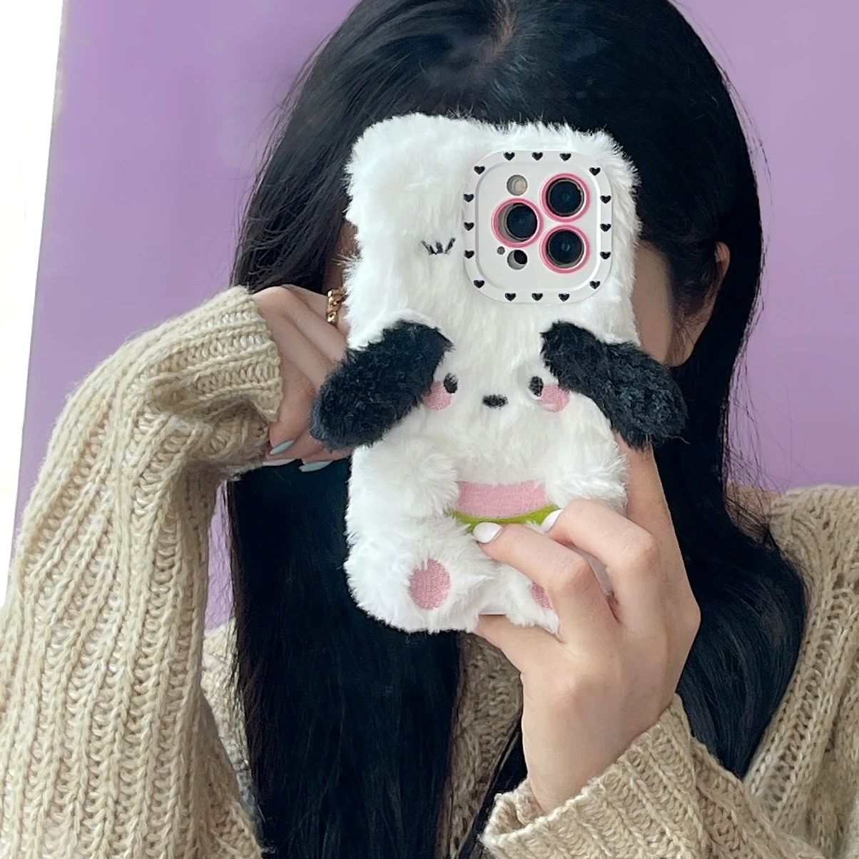 

Мягкий теплый плюшевый чехол для телефона в Корейском стиле с щенком для iPhone 14, 13, 12, 11 Plus, Pro Max, Xr, Xs, чехол-накладка из ТПУ с белым мехом