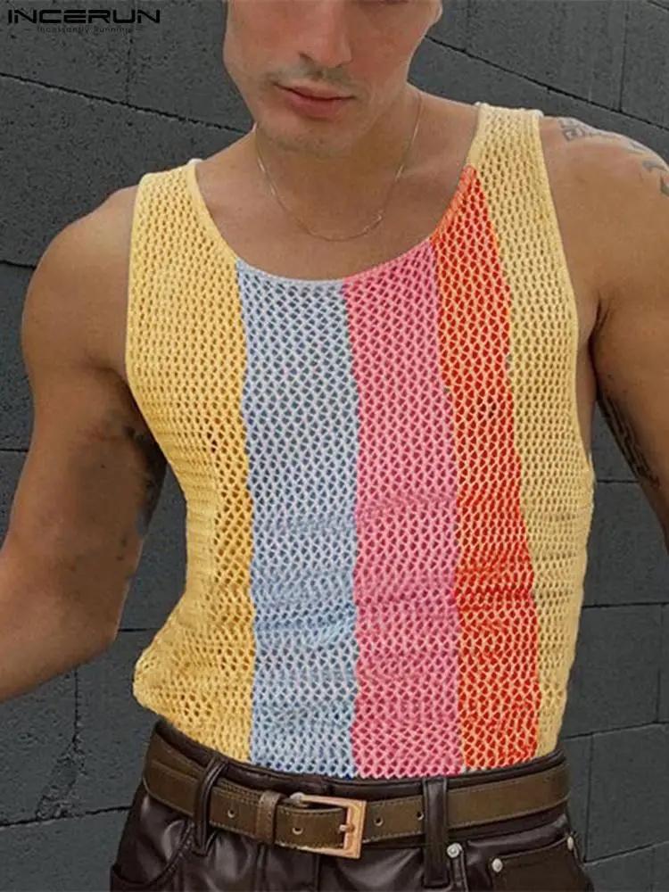 

INCERUN Tops 2022 American Style New Men's Breathable Mesh Waistcoat Fashion Casual Male See-through Colorful Strip Vests S-5XL