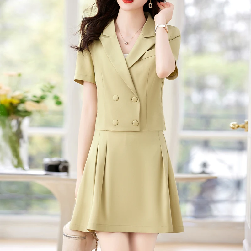 

2023 Summer Casual Elegant Office Lady career Fashion Short Sleeve Crop Blazers Coats+Hight Waist Mini Skirts 2 Pieces Set