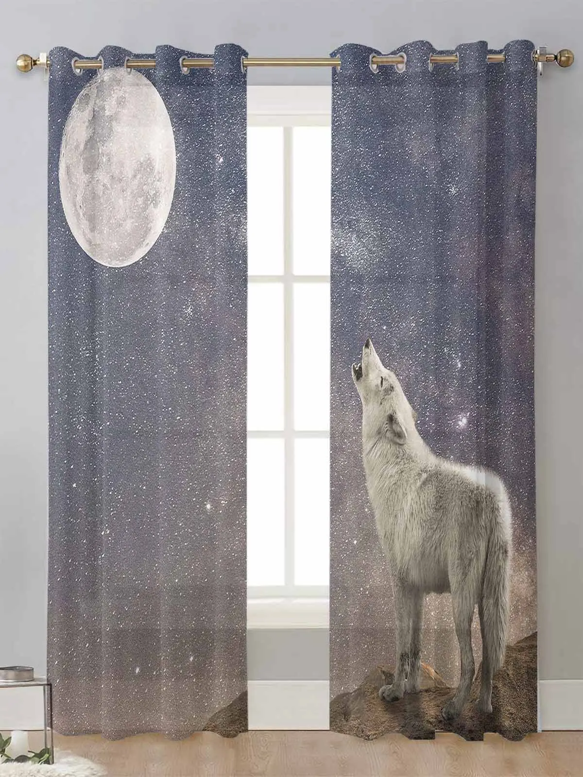 

Howling Wolf Moon Night Starry Sky Sheer Curtains For Living Room Window Voile Tulle Curtain Cortinas Drapes Home Decor