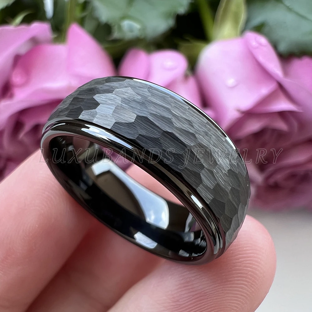 

Black Hammer Tungsten Carbide Wedding Ring Rose Gold Stepped Edges For Women Men Domed 6mm 8mm Brushed Finish Comfort Fit