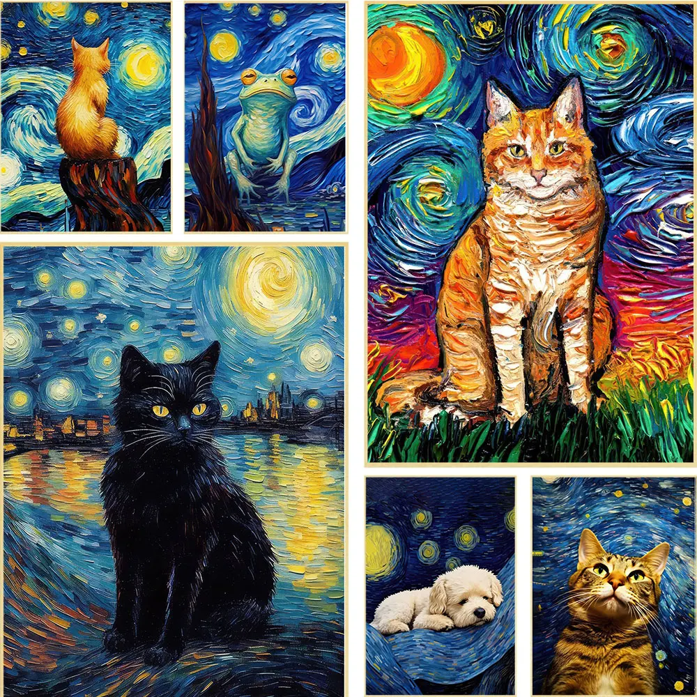 

Abstract Van Gogh Starry Night Poster Print Funny Monkey Dog Cat Canvas Painting Wall Art Pictures For Living Room Home Decor