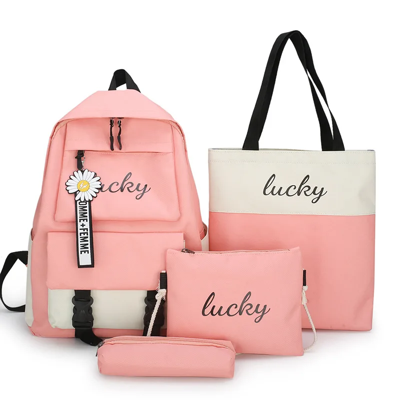 

4-pieces/set Pink Green Backpack Large Capacity Daisy Schoolbags Student Backpack Korean Sweet Letters Junior Bookbag Casual Bag