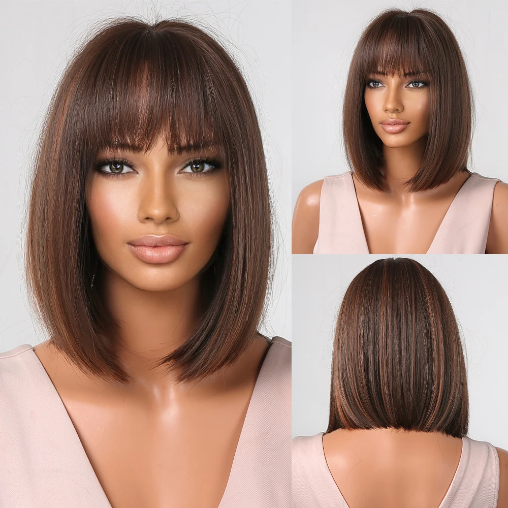 

Brown with Blonde Highlights Synthetic Hair Wigs Short Bob Straight Wigs with Bangs for Women Afro Cosplay Wig Heat Resistant