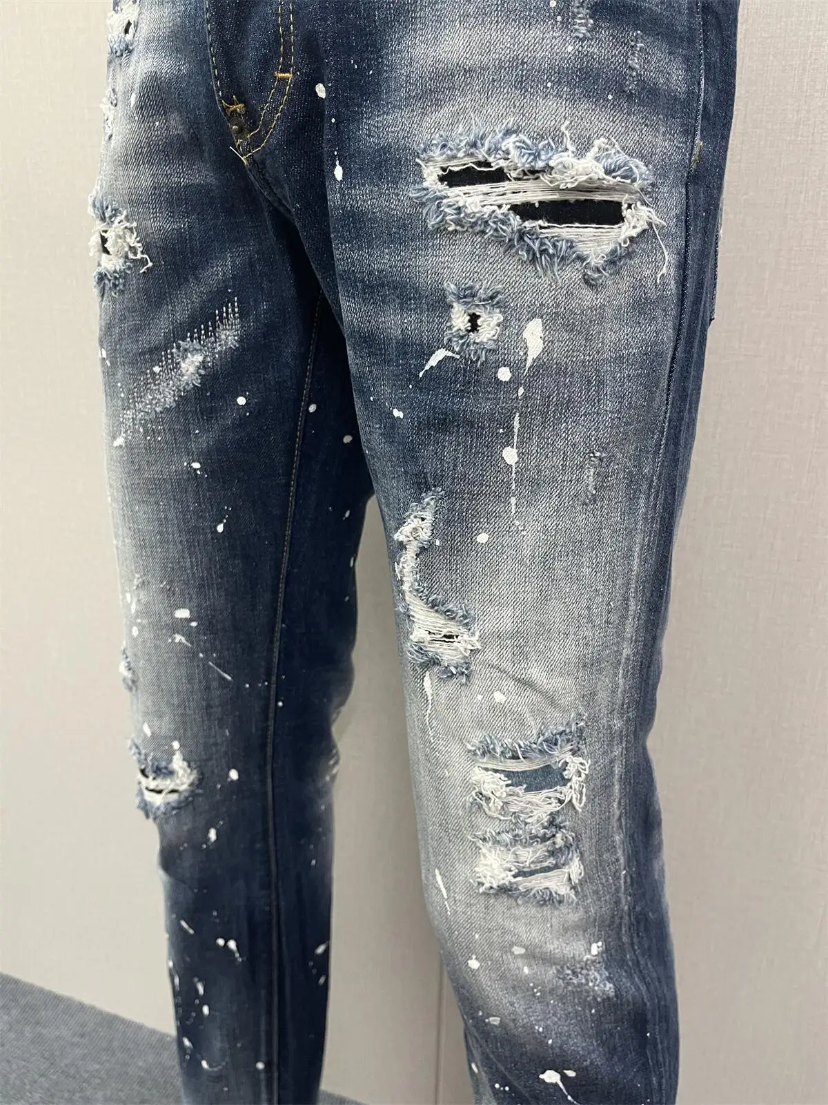 2023 Spring/Summer New Jeans Fashion Men's Water Wash Worn Hole Patch Hand Sewn Paint 3D Cut Blue Denim Pants Men