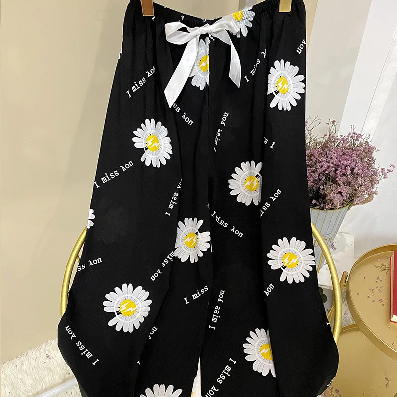 Cute Bottoms Wide-leg Pajama Pants Women Sleepwear Outerwear Cotton Silk Summer Sleep Bottoms