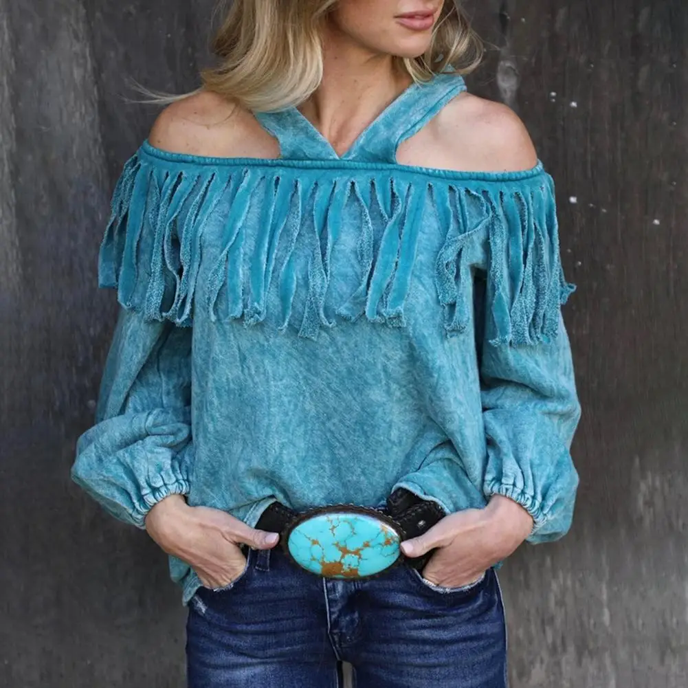 

Fringe Decor Lantern Long Sleeve Backless Loose Fit Women Blouse Sexy Off Shoulder Halter Pullover Top Streetwear