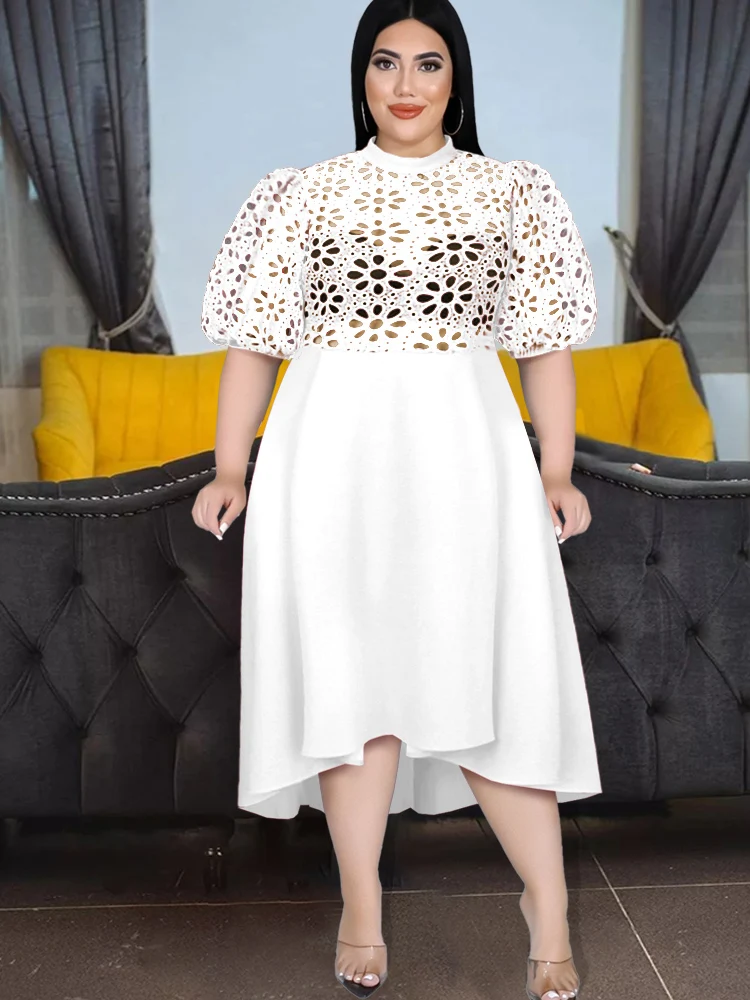 

Hollow Out White Dresses Half High Neck Patchwork Women Elegant Party Dress Plus Size 4XL Irregular Length Midi Evening Outfits