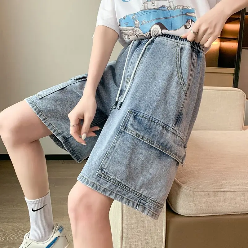 Women Baggy Cargo Wide Long Shorts Jeans High Waist Blue Bermuda Denim Shorts Female Jeans Oversize New Jean Shorts Y2K Womans