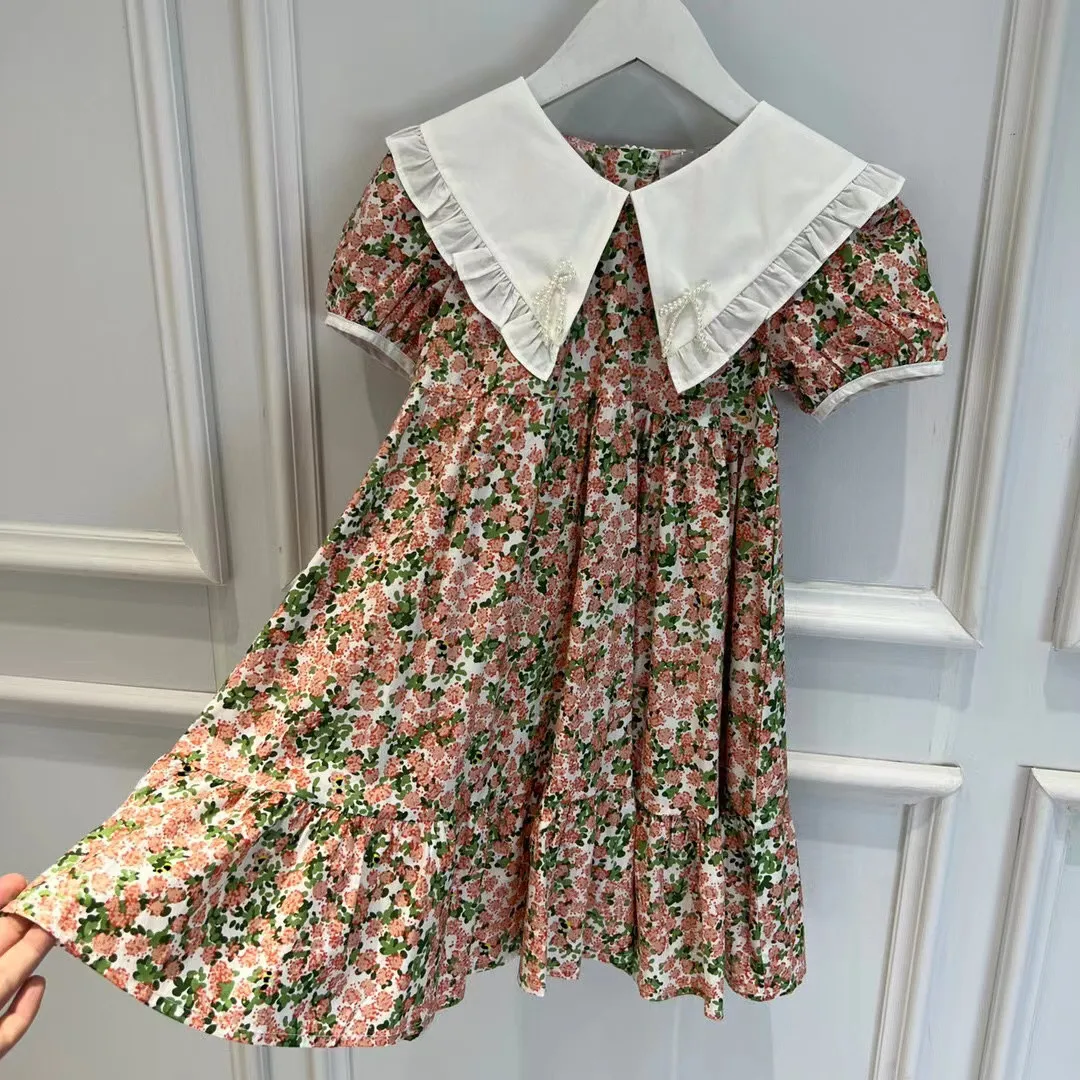 

2022 New Summer White Collor small Flower Printed Brand Causal Girls Clothing dress simple girls dress 3 4 6 8 10 12 14Y