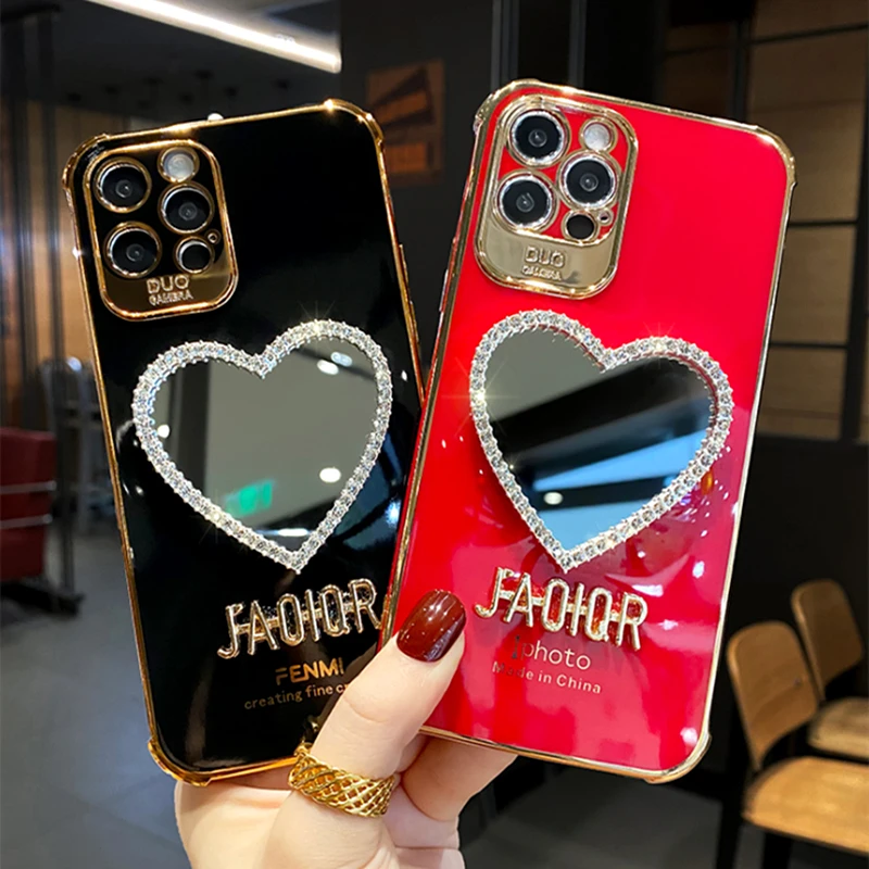 

Luxury Brand Plating Love Heart Mirror Case for iPhone 13 Pro Max 11 12 XR XS MAX Fashion Girl Diamond Crystal Soft Phone Cover