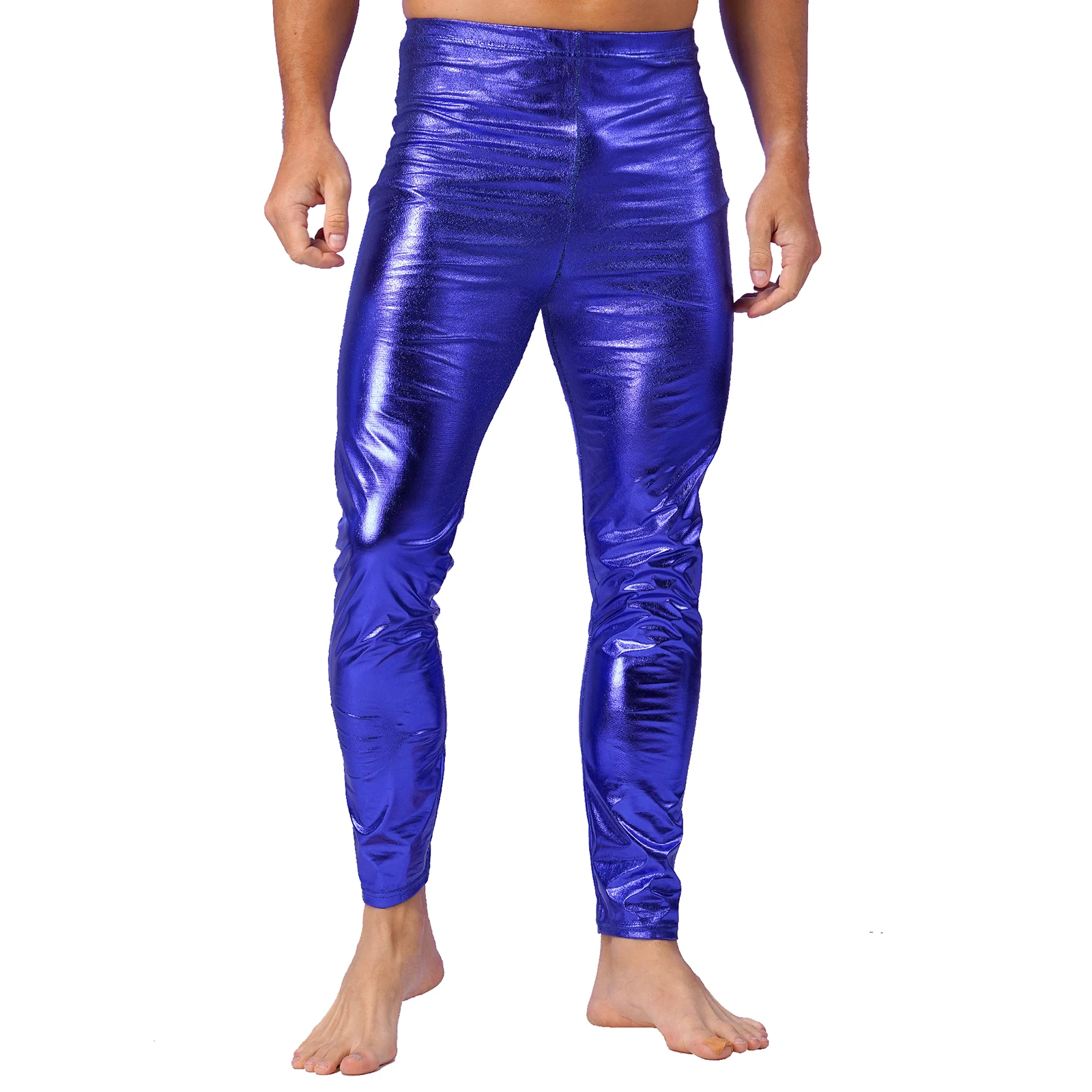 

Mens Metallic Shiny Skinny Pants Soild Color Elastic Waist Straight Trousers Dance Breathable Leggings for Carnivals Halloween