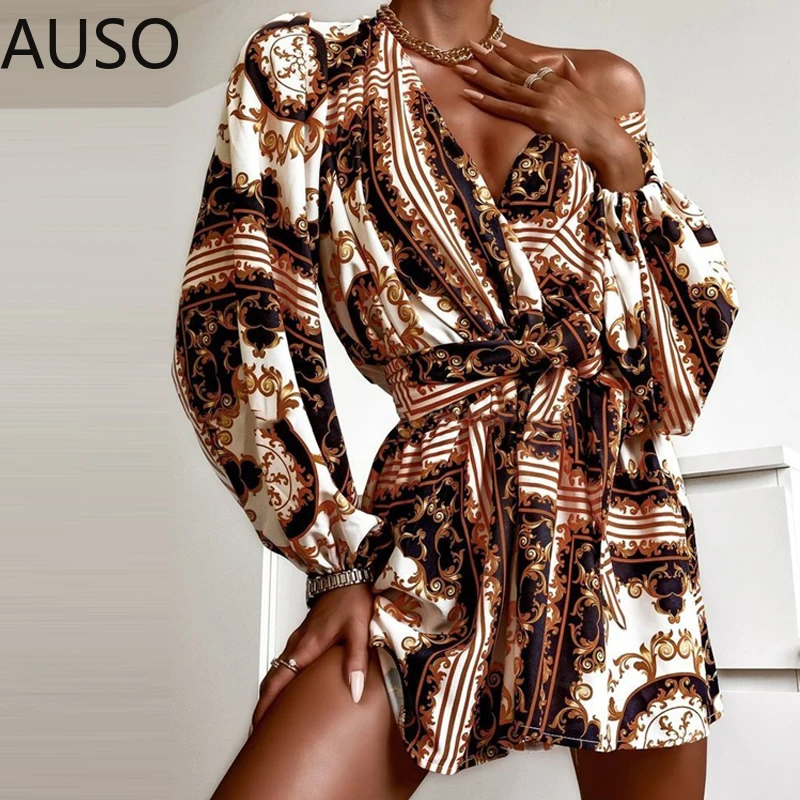 

Fashion Women V-Neck Boho Dress Elegant Floral Pattern Lantern Sleeve Beach Party Dress Casual Lace-up Belted Robe Mini Dresses