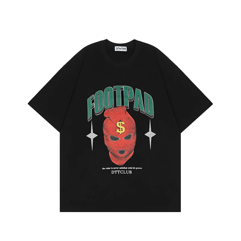 

Футболка мужская оверсайз с надписью и принтом «Маска доллара»