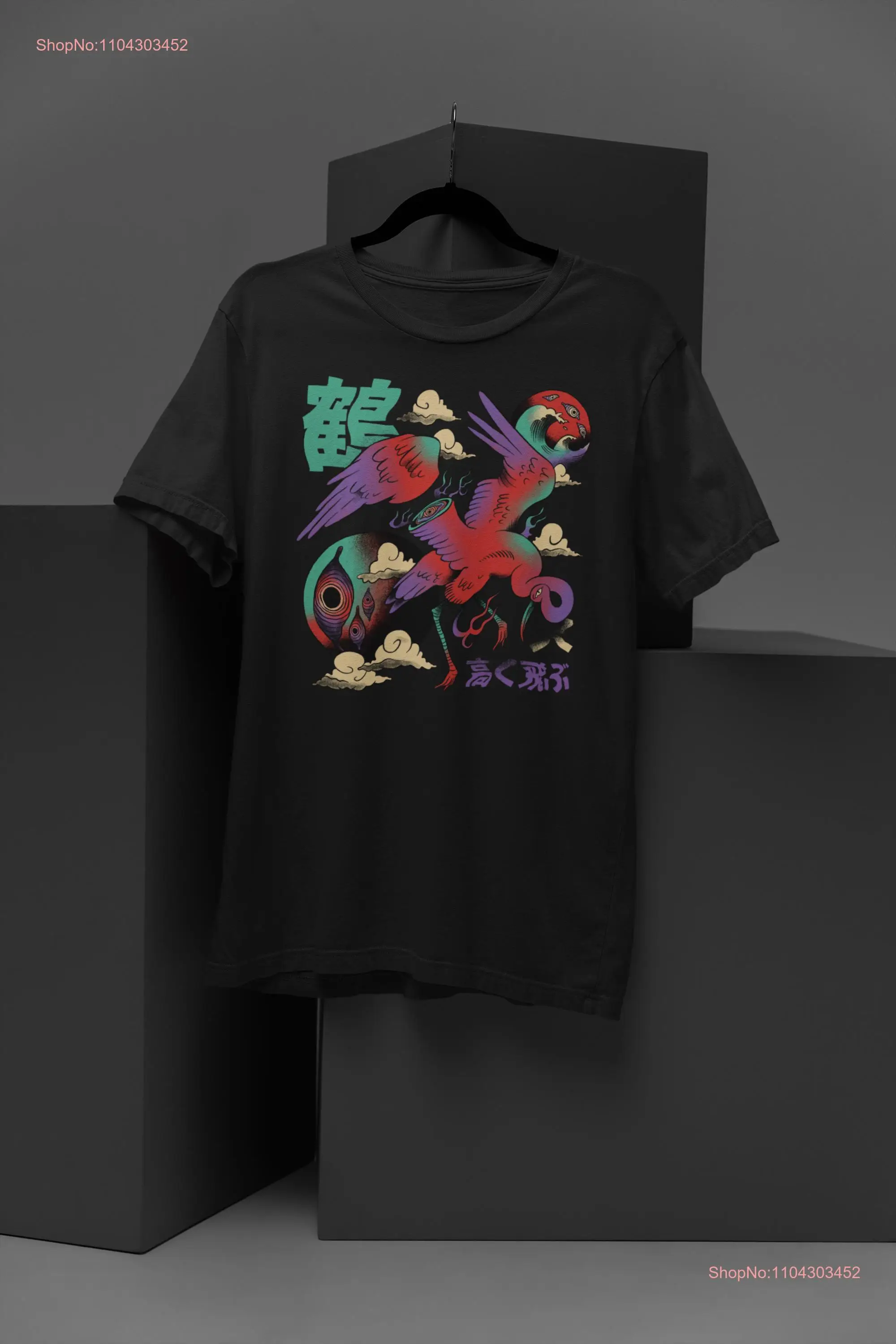 Японская футболка с психоделическим журавлем триповое животное искусство яркий