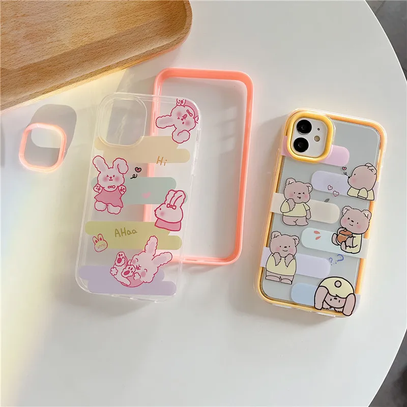 Чехол для iPhone 13 12 11 Pro XS MAX XR 8 7 6S Plus 3 в 1 милые Мультяшные чехлы телефонов с кроликом